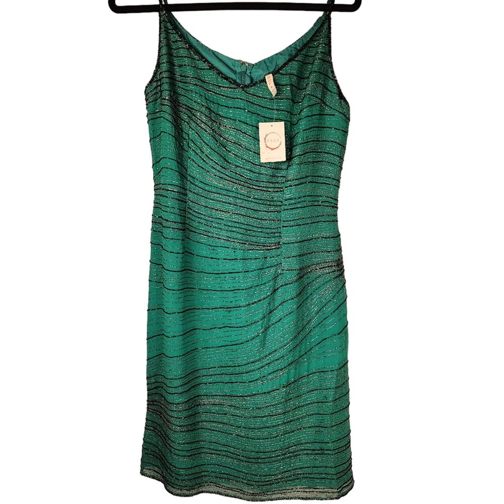 Anthropologie Raga Dress Womens M Silk Beaded Sleeveless Green Holiday New Years
